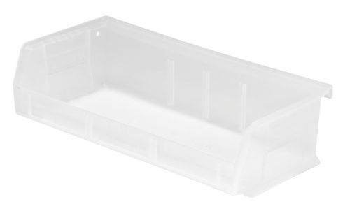 The clear Quantum Bin, made of polypropylene and featuring a rectangular shape with an anti-slide lock, slanted front edge, grooved sides for easy access, is shown empty against a white background. It includes grips, divider slots, a rear hanger, and molded-in label holder.