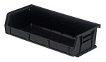 The black Quantum Bin, 11W x 5-3/8D x 3H, made of polypropylene, features slanted sides, three divider slots, an anti-slide lock for stability, and a molded-in label holder—ideal for organizing items. It can be stacked or hung using the rear hanger and front/back/side grips. Made in the USA.