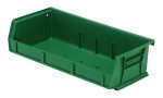The Quantum Bin is a green polypropylene storage solution, 11W x 5-3/8D x 3H, with front/back/side grips and an anti-slide lock. It includes three divider slots, a rear hanger for wall mounting, a molded-in label holder, and reinforced sides for organizing items. Made in the USA.
