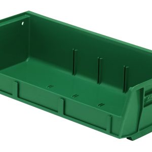 The Quantum Bin is a green polypropylene storage solution, 11W x 5-3/8D x 3H, with front/back/side grips and an anti-slide lock. It includes three divider slots, a rear hanger for wall mounting, a molded-in label holder, and reinforced sides for organizing items. Made in the USA.
