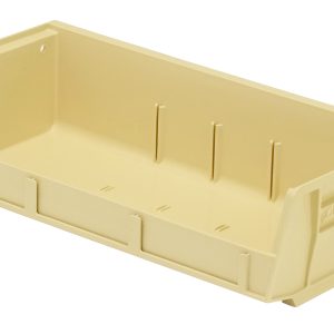 The Quantum Bin is an ivory, polypropylene storage solution measuring 11W x 5-3/8D x 3H. It features front/back/side grips, an anti-slide lock, and a rear hanger. With three divider slots and a molded-in label holder, this USA-made bin is perfect for stacking or hanging.