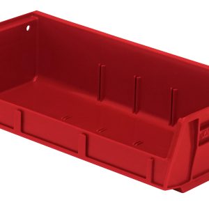 The Quantum Bin is a red polypropylene storage solution, 11W x 5-3/8D x 3H, made in the USA. It features front, back, and side grips for easy handling, an anti-slide lock, three divider slots, a rear hanger for stacking or hanging capability, molded-in label holder—ideal for organizing tools or small items.