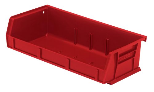 QUS232_RD.jpg The Quantum Bin is a red polypropylene storage solution, 11W x 5-3/8D x 3H, made in the USA. It features front, back, and side grips for easy handling, an anti-slide lock, three divider slots, a rear hanger for stacking or hanging capability, molded-in label holder—ideal for organizing tools or small items.