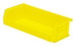 The Quantum Bin is a yellow polypropylene storage solution, 11W x 5-3/8D x 3H, featuring an anti-slide lock, reinforced grips for stacking or hanging, a notched front for ease of access, smooth surface for stackability, and molded-in label holder. Made in USA.