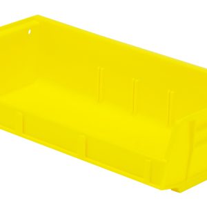 The Quantum Bin is a yellow polypropylene storage solution, 11W x 5-3/8D x 3H, featuring an anti-slide lock, reinforced grips for stacking or hanging, a notched front for ease of access, smooth surface for stackability, and molded-in label holder. Made in USA.