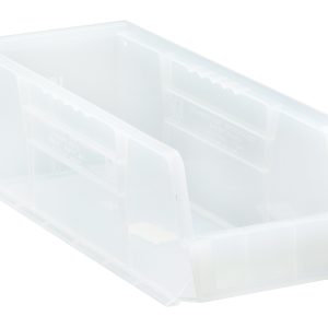 The Quantum Bin is a clear polypropylene storage bin, measuring 5-1/2W x 14-3/4D x 5H, with front, back, and side grips for easy handling. It features an anti-slide lock for stability and a molded-in label holder. This US-made bin offers stacking or hanging versatility.
