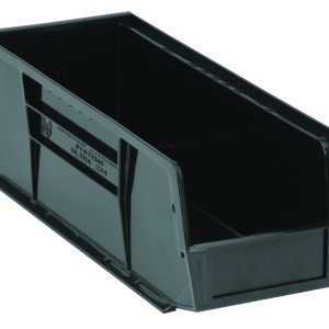 The Quantum Bin, made in the USA from black polypropylene, measures 5-1/2W x 14-3/4D x 5H. It features front/back/side grips, an anti-slide lock, one divider slot, a rear hanger, and a molded-in label holder—perfect for organizing small items or hardware.