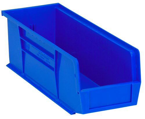 The Quantum Bin is a blue polypropylene storage solution measuring 5-1/2W x 14-3/4D x 5H, featuring front, back, and side grips for easy handling. It includes an open-front design, anti-slide lock, molded-in label holder, rear hanger, and divider slot. Made in USA.