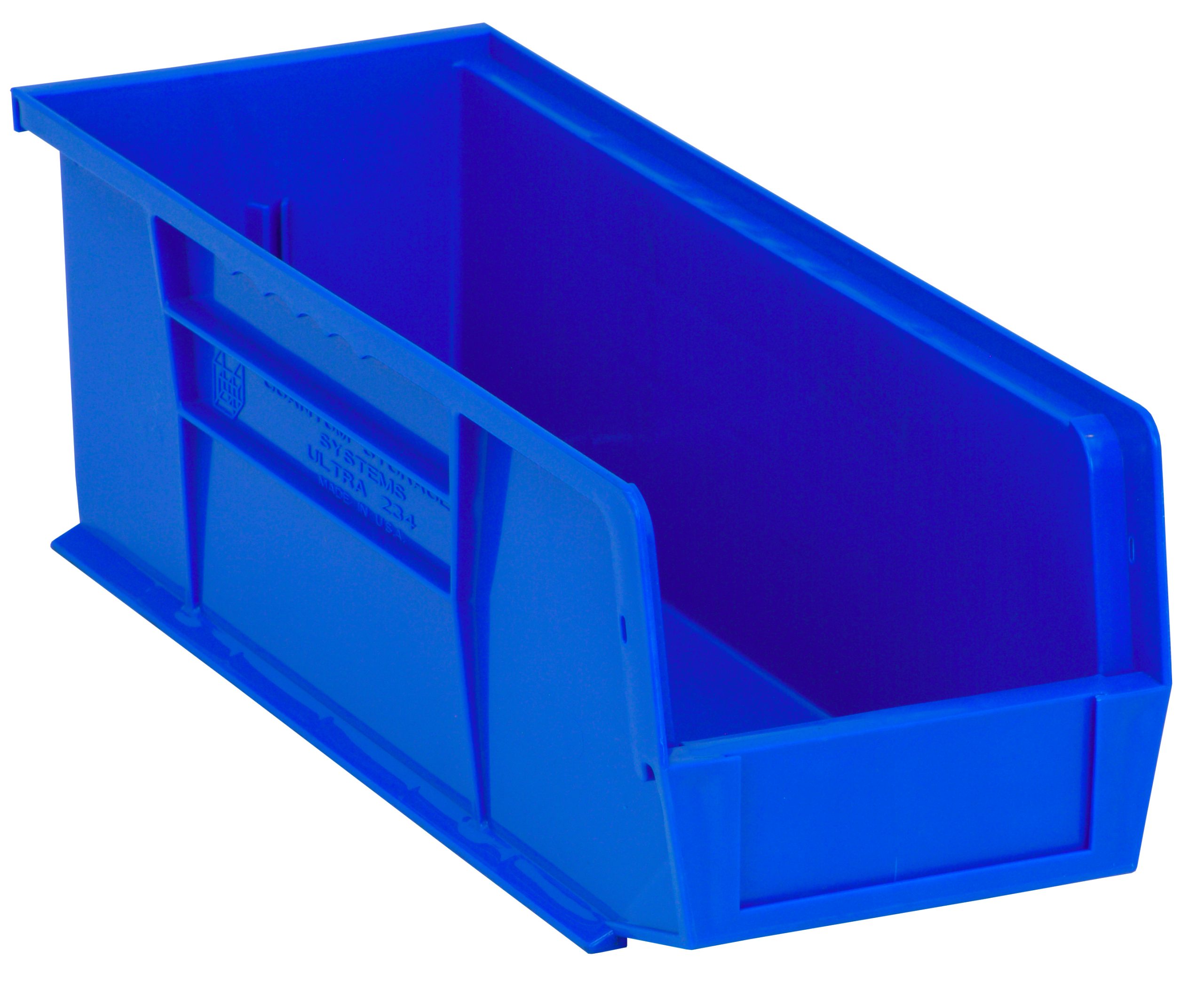 Bin, Stacking Or Hanging, 5-1/2"W X 14-3/4"D X 5"H, Front/Back/Side Grips, Anti-Slide Lock, (1) Divider Slot, Rear Hanger, Molded-In Label Holder, Polypropylene, Blue, Made In USA