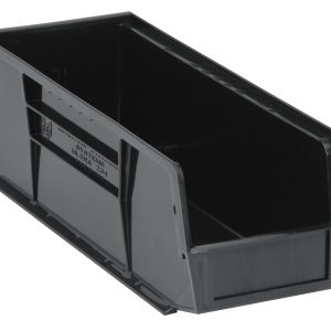 The Quantum Bin is a black recycled polypropylene storage solution that measures 5-1/2W x 14-3/4D x 5H. It features front, back, and side grips, an open front, grooved sides, a divider slot for organization, and an anti-slide lock with a rear hanger and molded-in label holder for efficient storage. Made in the USA.