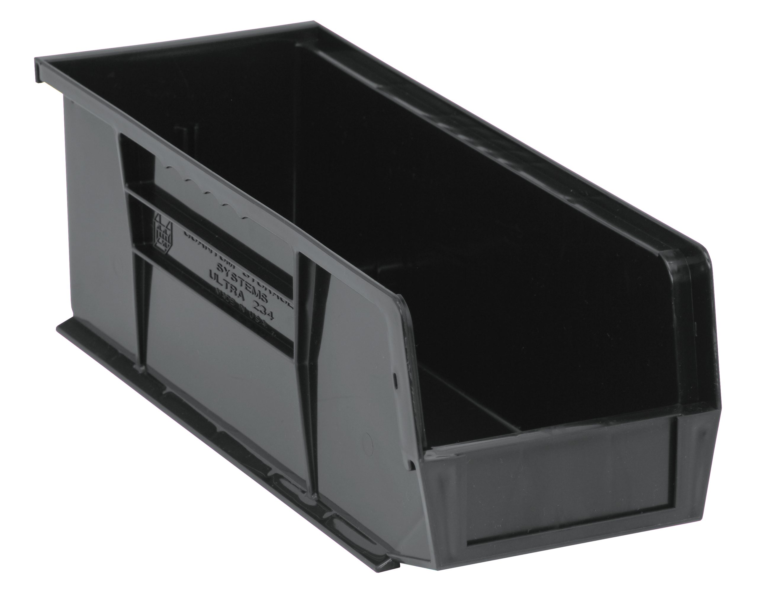 Bin, Stacking Or Hanging, 5-1/2"W X 14-3/4"D X 5"H, Front/Back/Side Grips, Anti-Slide Lock, (1) Divider Slot, Rear Hanger, Molded-In Label Holder, Recycled Polypropylene, Black, Made In USA