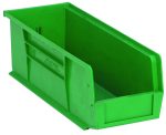 The Quantum Bin, made of green polypropylene in the USA, measures 5-1/2W x 14-3/4D x 5H. It features an open front with solid sides, a textured edge, one divider slot, and grips on all sides. It includes an anti-slide lock and rear hanger for versatile stacking or hanging.