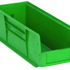 The Quantum Bin, made of green polypropylene in the USA, measures 5-1/2W x 14-3/4D x 5H. It features an open front with solid sides, a textured edge, one divider slot, and grips on all sides. It includes an anti-slide lock and rear hanger for versatile stacking or hanging.