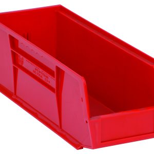 The Quantum Bin is a red 5-1/2W x 14-3/4D x 5H polypropylene bin with front/back/side grips, anti-slide lock, and one divider slot. It features a rear hanger and molded-in label holder, making it ideal for stacking or hanging to organize small items. Made in the USA.