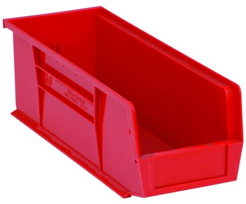 The Quantum Bin is a red 5-1/2W x 14-3/4D x 5H polypropylene bin with front/back/side grips, anti-slide lock, and one divider slot. It features a rear hanger and molded-in label holder, making it ideal for stacking or hanging to organize small items. Made in the USA.