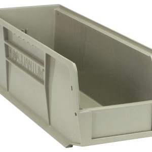 A stone-colored polypropylene Quantum Bin, 5-1/2W x 14-3/4D x 5H, features front, back, and side grips, a textured surface with Quantum embossed on the side. Includes anti-slide lock and molded-in label holder. Empty bin, angle view highlights depth.