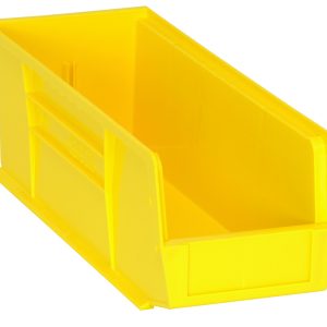 The Quantum Bin, a 5.5W x 14.75D x 5H yellow polypropylene storage solution, features an open front, front/back/side grips, anti-slide lock, and a rear hanger. It’s ideal for organizing small items and can be stacked to maximize space. Made in the USA with a molded-in label holder and divider slot.