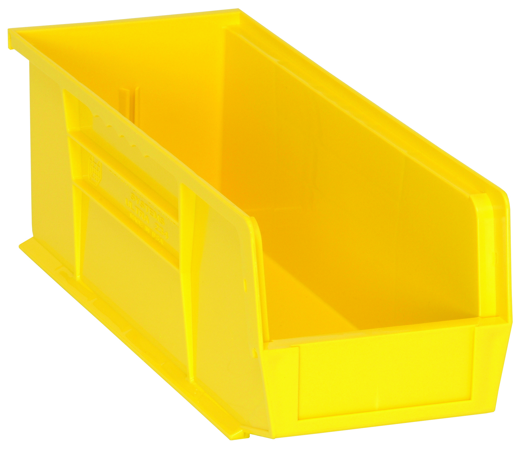 Bin, Stacking Or Hanging, 5-1/2"W X 14-3/4"D X 5"H, Front/Back/Side Grips, Anti-Slide Lock, (1) Divider Slot, Rear Hanger, Molded-In Label Holder, Polypropylene, Yellow, Made In USA