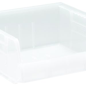 The Quantum Bin is a clear polypropylene storage solution, measuring 11W x 10-7/8D x 5H, with an open front for easy access. It features (3) divider slots, ribbed edges for stability, and can be stacked or hung using rear hangers. Made in the USA with anti-slide locks and molded-in label holders for convenience.