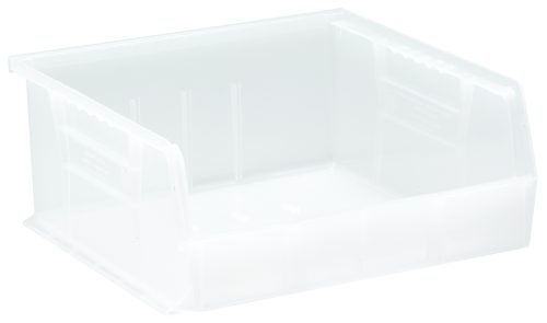The Quantum Bin is a clear polypropylene storage solution, measuring 11W x 10-7/8D x 5H, with an open front for easy access. It features (3) divider slots, ribbed edges for stability, and can be stacked or hung using rear hangers. Made in the USA with anti-slide locks and molded-in label holders for convenience.