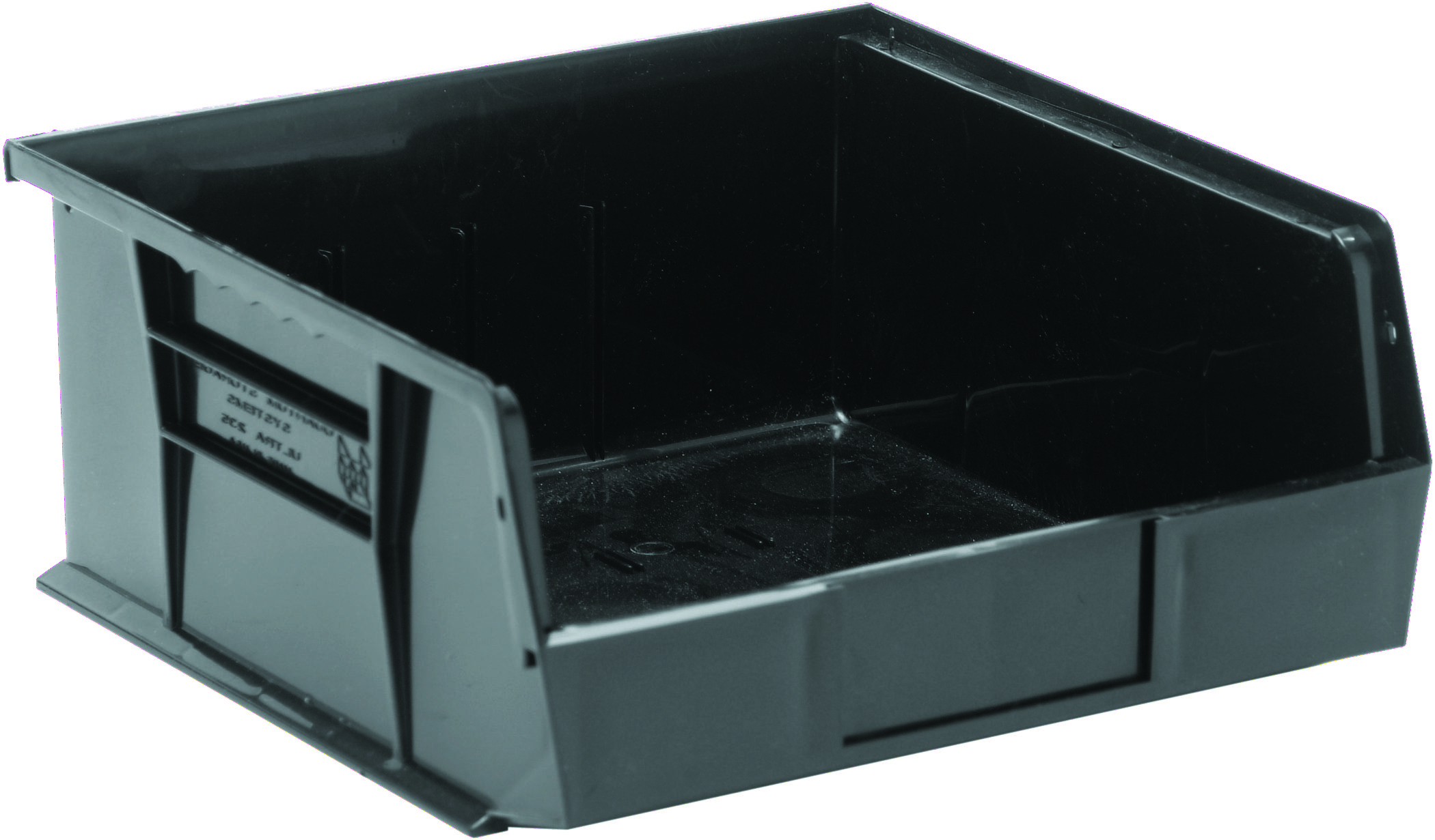 Bin, Stacking Or Hanging, Conductive, 11"W X 10-7/8"D X 5"H, Front/Back/Side Grips, Anti-Slide Lock, (3) Divider Slots, Rear Hanger, Molded-In Label Holder, Black, Made In USA