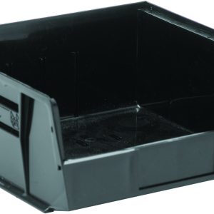 The Quantum Bin is a black polypropylene storage solution made in the USA, featuring open top slanted front sides, (3) divider slots, reinforced edges, smooth interior, and front/back/side grips. Its ideal for organizing tools or small items in a workspace or garage and includes an anti-slide lock.