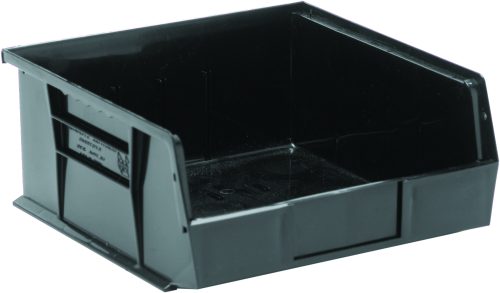 The Quantum Bin is a black polypropylene storage solution made in the USA, featuring open top slanted front sides, (3) divider slots, reinforced edges, smooth interior, and front/back/side grips. Its ideal for organizing tools or small items in a workspace or garage and includes an anti-slide lock.