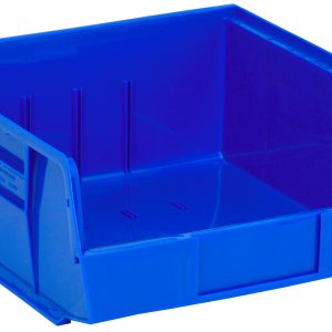 The Quantum Bin, made of blue polypropylene, measures 11W x 10-7/8D x 5H. It features front/back/side grips, a molded-in label holder, and an anti-slide lock for stability. With three divider slots and a rear hanger, its ideal for organizing your space efficiently. Made in USA.