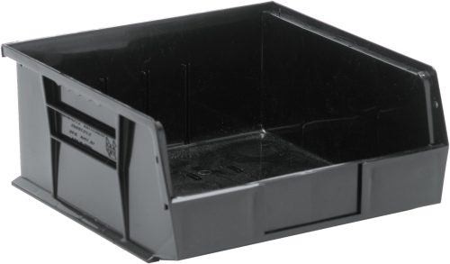 The Quantum Bin is a black, recycled polypropylene storage unit designed for stacking or hanging. Measuring 11W x 10-7/8D x 5H with an anti-slide lock, front/back/side grips, and three divider slots, it’s ideal for organizing small items and features a molded-in label holder. Made in the USA.