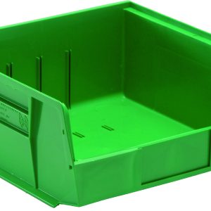 The Quantum Bin, made of green polypropylene, measures 11W x 10-7/8D x 5H. It has front/back/side grips, a rear hanger, a molded-in label holder, an anti-slide lock, and three divider slots for secure organization. Made in the USA.