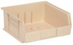 The Quantum Bin is an ivory, polypropylene storage solution with front/back/side grips, a molded-in label holder, and an anti-slide lock. It measures 11W x 10-7/8D x 5H and features three divider slots for organization. Its slightly angled design allows for stacking or hanging securely. Made in the USA.