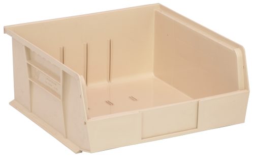 The Quantum Bin is an ivory, polypropylene storage solution with front/back/side grips, a molded-in label holder, and an anti-slide lock. It measures 11W x 10-7/8D x 5H and features three divider slots for organization. Its slightly angled design allows for stacking or hanging securely. Made in the USA.