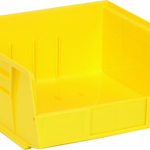 The Quantum Bin is a 11W x 10-7/8D x 5H bright yellow polypropylene container with front/back/side grips, an anti-slide lock, and solid sides for secure stacking. It features an open front for easy access, three divider slots, a rear hanger, and a molded-in label holder. Made in the USA.