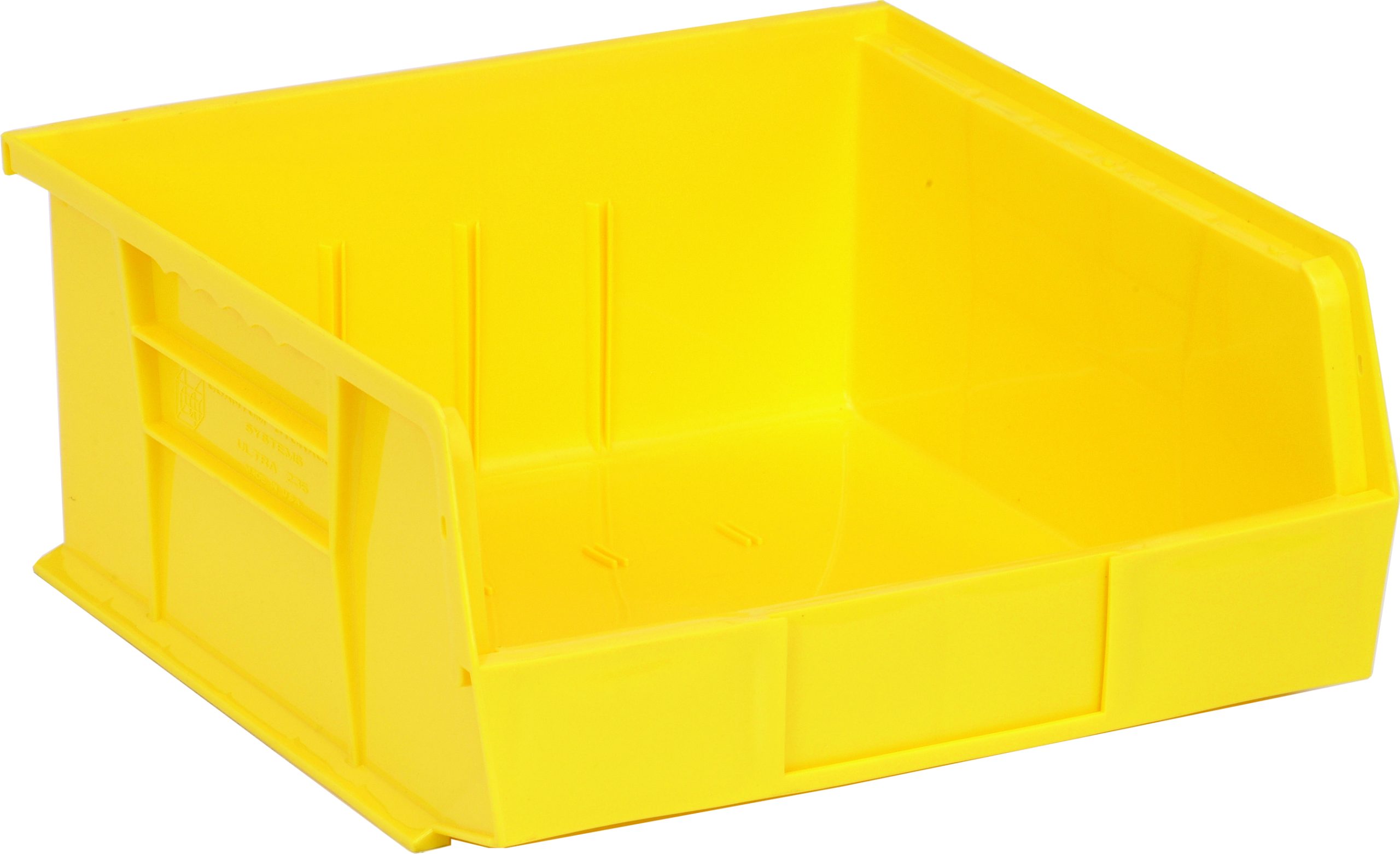 Bin, Stacking Or Hanging, 11"W X 10-7/8"D X 5"H, Front/Back/Side Grips, Anti-Slide Lock, (3) Divider Slot, Rear Hanger, Molded-In Label Holder, Polypropylene, Yellow, Made In USA