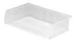 The clear Quantum Bin, measuring 11W x 7-3/8D x 3H, features front/back/side grips for easy handling and an anti-slide lock. It has three divider slots for organization, a rear hanger, molded-in label holder, and is made of polypropylene in the USA.