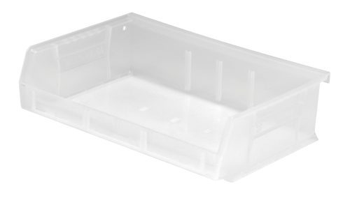 QUS236CL.jpg The clear Quantum Bin, measuring 11W x 7-3/8D x 3H, features front/back/side grips for easy handling and an anti-slide lock. It has three divider slots for organization, a rear hanger, molded-in label holder, and is made of polypropylene in the USA.