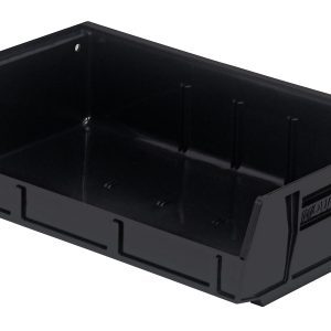 The Quantum Bin, made in the USA from black polypropylene, is 11W x 7-3/8D x 3H and features ribbed sides, front/back/side grips for easy handling, an anti-slide lock for stability, a rear hanger, molded-in label holder, and slots for three dividers.