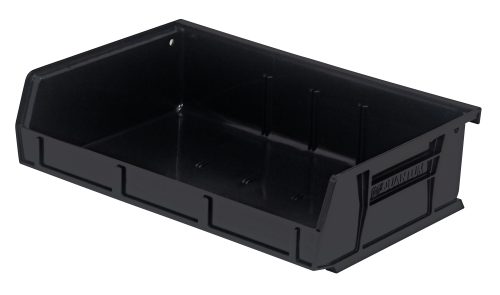 The Quantum Bin, made in the USA from black polypropylene, is 11W x 7-3/8D x 3H and features ribbed sides, front/back/side grips for easy handling, an anti-slide lock for stability, a rear hanger, molded-in label holder, and slots for three dividers.