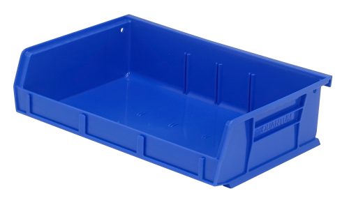QUS236_BL.jpg The Quantum Bin is a blue polypropylene storage container, 11W x 7-3/8D x 3H, with front/back/side grips, an anti-slide lock for stability, three divider slots, a rear hanger, and a molded-in label holder. Its made in the USA and designed for stacking or hanging.