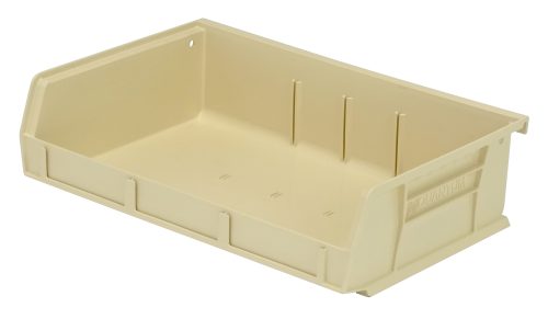 QUS236_IV.jpg An ivory Quantum Bin with grips on all sides, an anti-slide lock, a stackable design, and molded-in label slots. It measures 11W x 7-3/8D x 3H and can be stacked or hung using the rear hanger. Made from polypropylene in the USA, its shown on a white background.