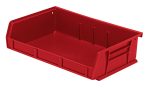 The Quantum Bin is a red polypropylene storage solution measuring 11W x 7-3/8D x 3H. It features front, back, and side grips with an anti-slide lock, ribbed exterior for strength, smooth bottom design, molded-in label holder, and rear hanger for organizing in workshops or garages. Made in the USA.