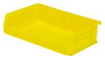 The Quantum Bin is a bright yellow polypropylene storage bin, measuring 11W x 7-3/8D x 3H. It features front, back, and side grips for easy handling, an anti-slide lock, three divider slots inside, a rear hanger, reinforced edges, and a molded-in label holder. Made in the USA.