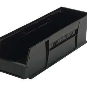The Quantum Bin in black is a 5.5W x 18D x 5H rectangular storage bin made from polypropylene, designed for organizing items with front/back/side grips, an anti-slide lock, rear hanger, a divider slot, and molded-in label holder. Made in the USA.