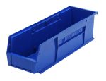 The blue Quantum Bin, made in the USA from polypropylene, measures 5-1/2W x 18D x 5H and features front/back/side grips for easy handling. It includes an anti-slide lock for secure stacking and a rear hanger with molded-in label holder for organized storage.