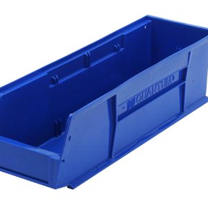 The blue Quantum Bin, made in the USA from polypropylene, measures 5-1/2W x 18D x 5H and features front/back/side grips for easy handling. It includes an anti-slide lock for secure stacking and a rear hanger with molded-in label holder for organized storage.