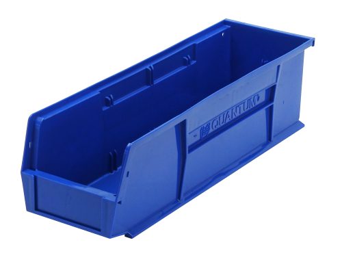 QUS238_BL.jpg The blue Quantum Bin, made in the USA from polypropylene, measures 5-1/2W x 18D x 5H and features front/back/side grips for easy handling. It includes an anti-slide lock for secure stacking and a rear hanger with molded-in label holder for organized storage.