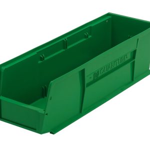 The Quantum Bin is a green polypropylene storage bin, 5.5W x 18D x 5H, with front/back/side grips and an anti-slide lock. It features a divider slot for organization, rear hanger, molded-in label holder, and is made in the USA.