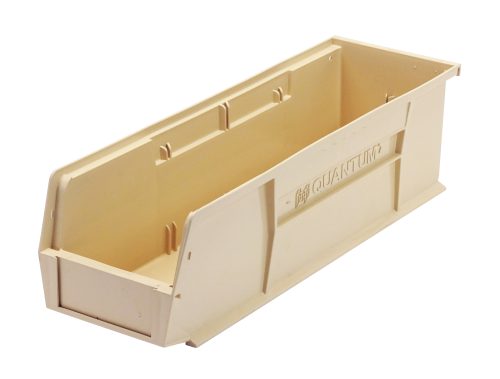 The Quantum Bin is an ivory polypropylene storage bin, measuring 5-1/2W x 18D x 5H. It features front, back, and side grips, an anti-slide lock, a rear hanger, and a molded-in label holder. The side is embossed with Quantum, and the interior includes one divider slot. Made in the USA.