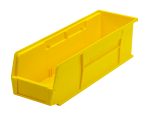 The Quantum Bin is a yellow polypropylene storage bin with dimensions of 5-1/2W x 18D x 5H. It features a molded-in label holder, side grips, anti-slide lock, rear hanger, and one divider slot. Perfect for organizing workshop or garage items. Made in the USA.