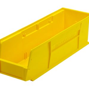 The Quantum Bin is a yellow polypropylene storage bin with dimensions of 5-1/2W x 18D x 5H. It features a molded-in label holder, side grips, anti-slide lock, rear hanger, and one divider slot. Perfect for organizing workshop or garage items. Made in the USA.